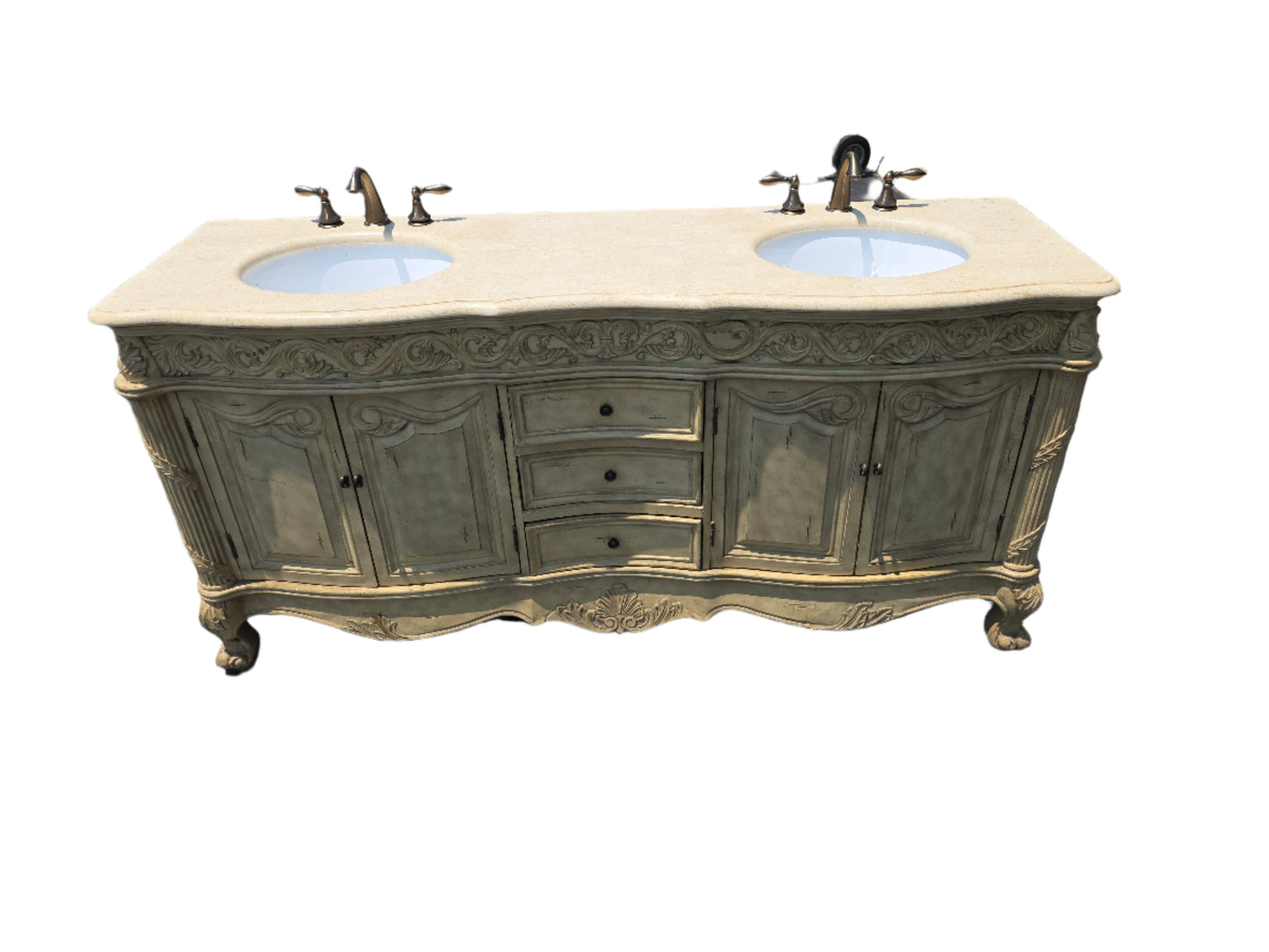 Sage Green Double Vanity With Beige Countertop