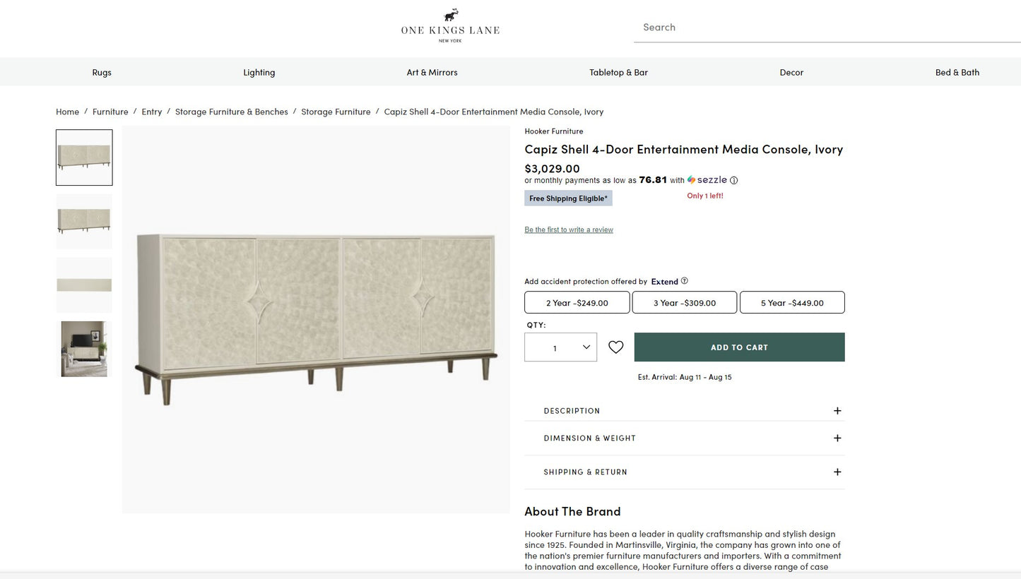 Brand New Hooker Furniture Capiz Shell 4-Door Entertainment Media Console