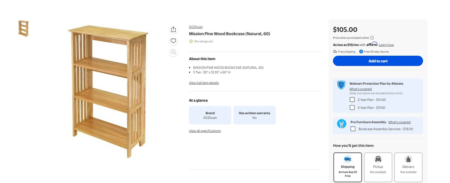 Mission Pine Wood Bookcase