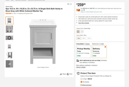 BRAND NEW - Glacier Bay Dove Gray Vanity Combo White Marble