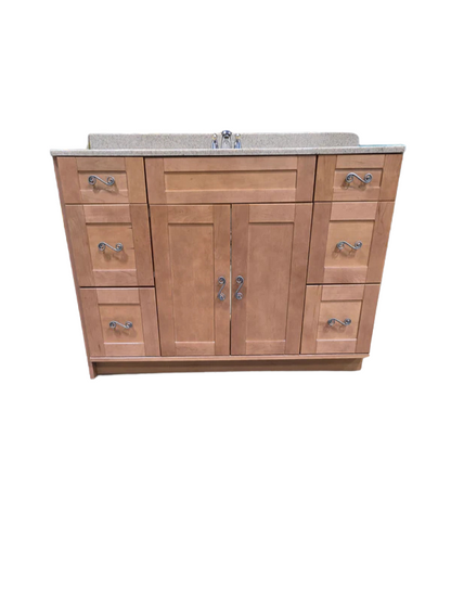 Bathroom Vanity with Beige Marble Countertop and Sink