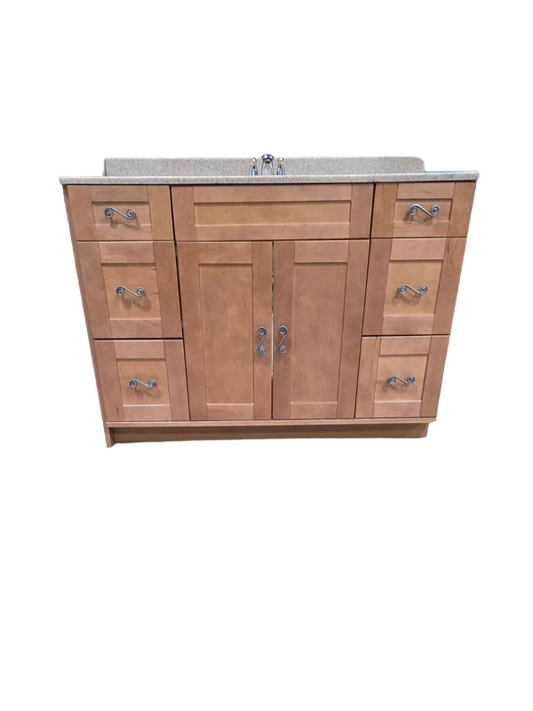 Bathroom Vanity with Beige Marble Countertop and Sink